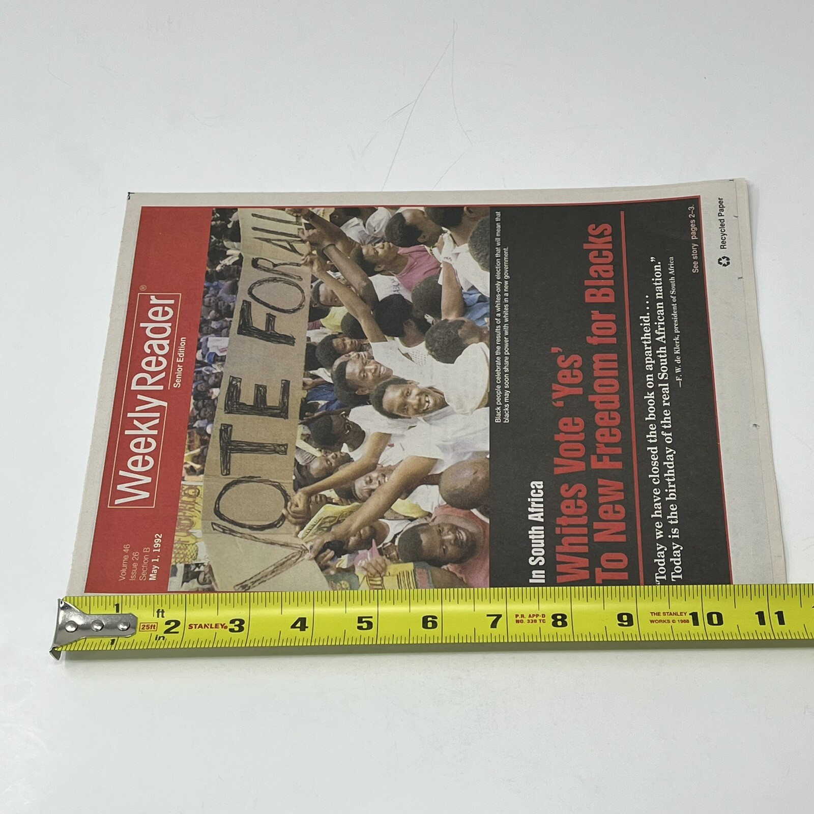 1992 Weekly Reader Magazine Whites Vote Yes New Freedom For Blacks South Africa
