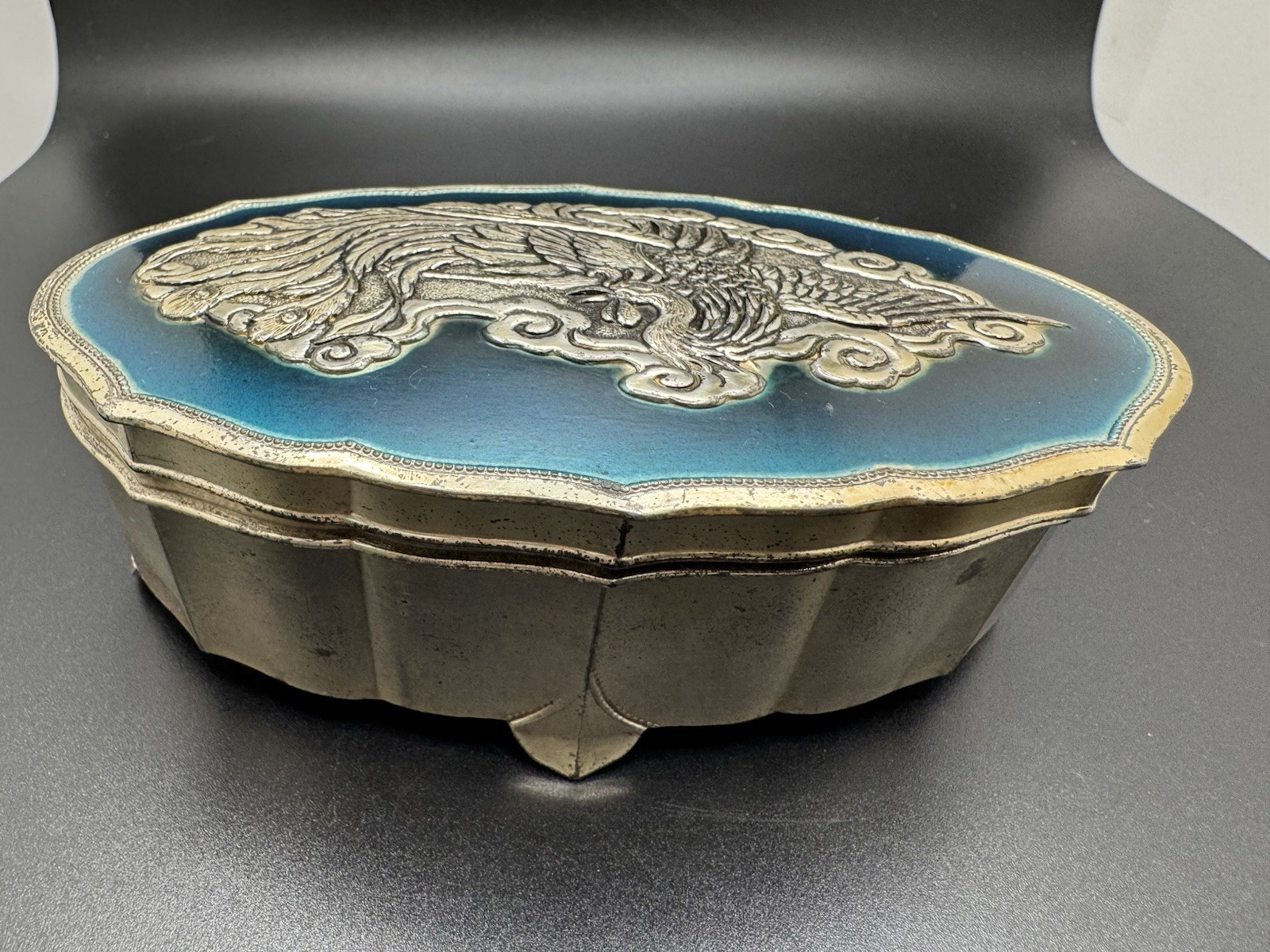 Vintage Asian Phoenix Trinket Box Blue Enamel Pink Satin Hinged