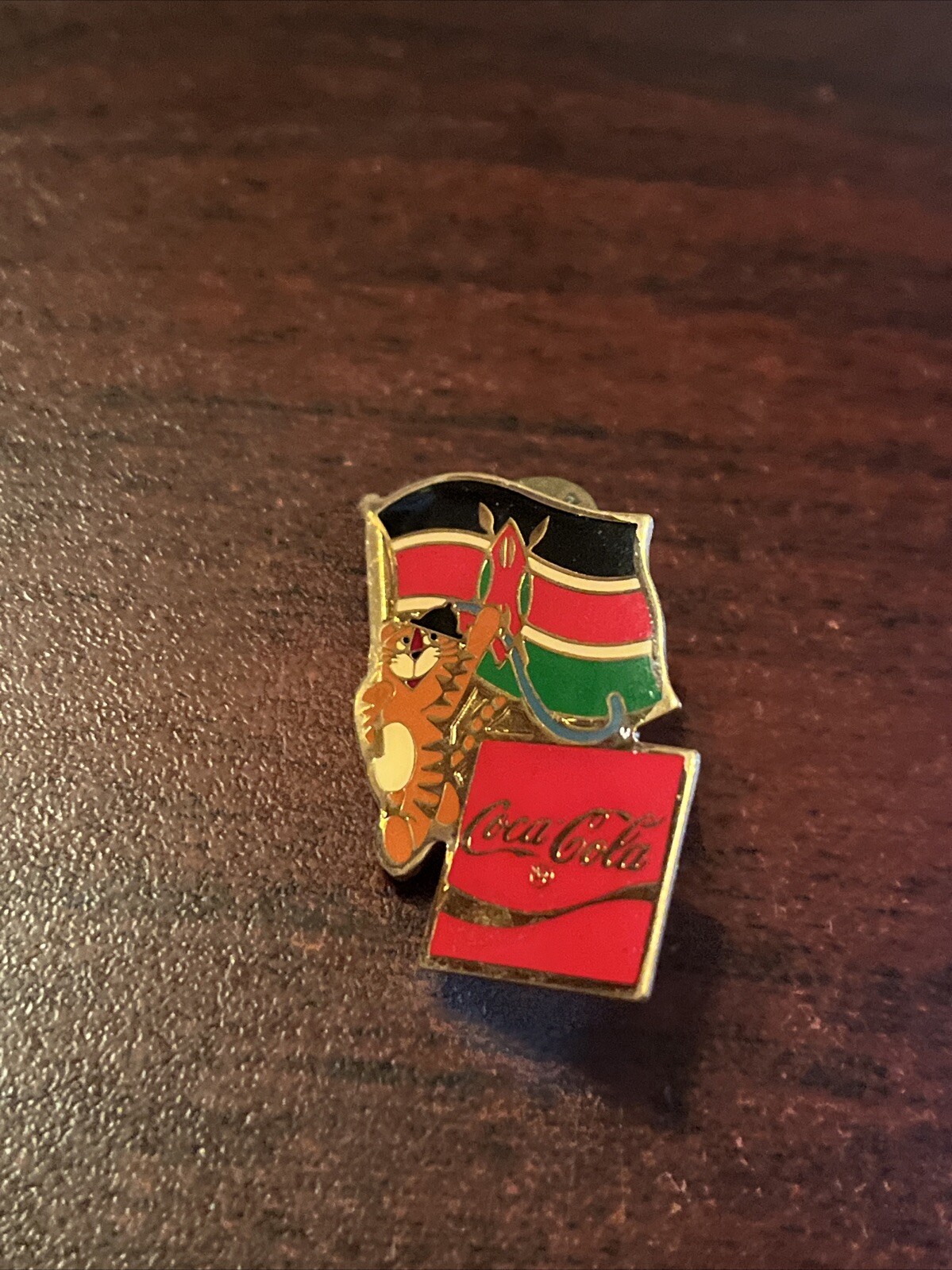 Vintage 1988 Seoul Olympics Coca Cola Hodori Tiger Kenya Flag Lapel Pin