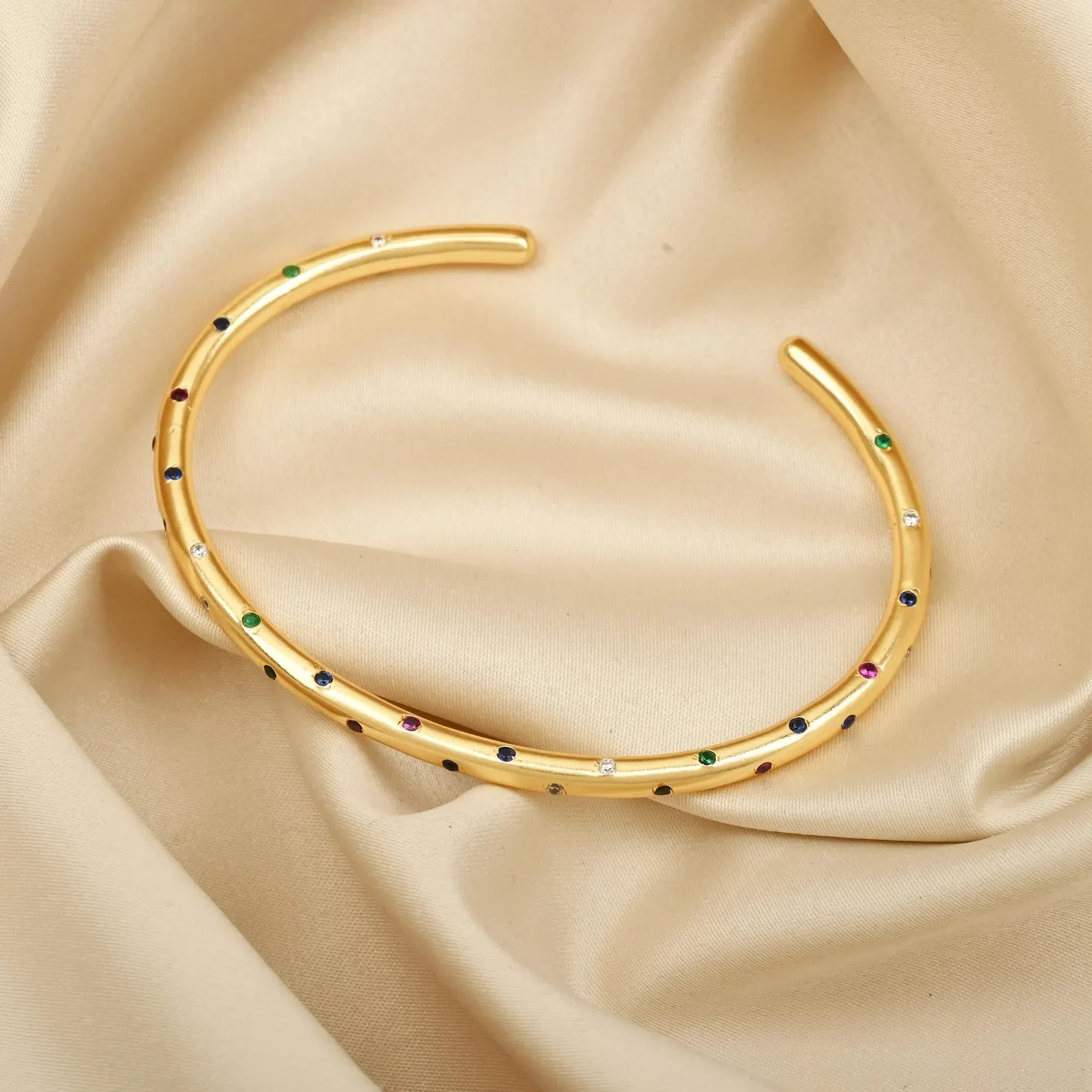 Multi-Gemstone Open Cuff Design Bangle Bracelet in 18K Yellow Gold Over 7.5″ Her