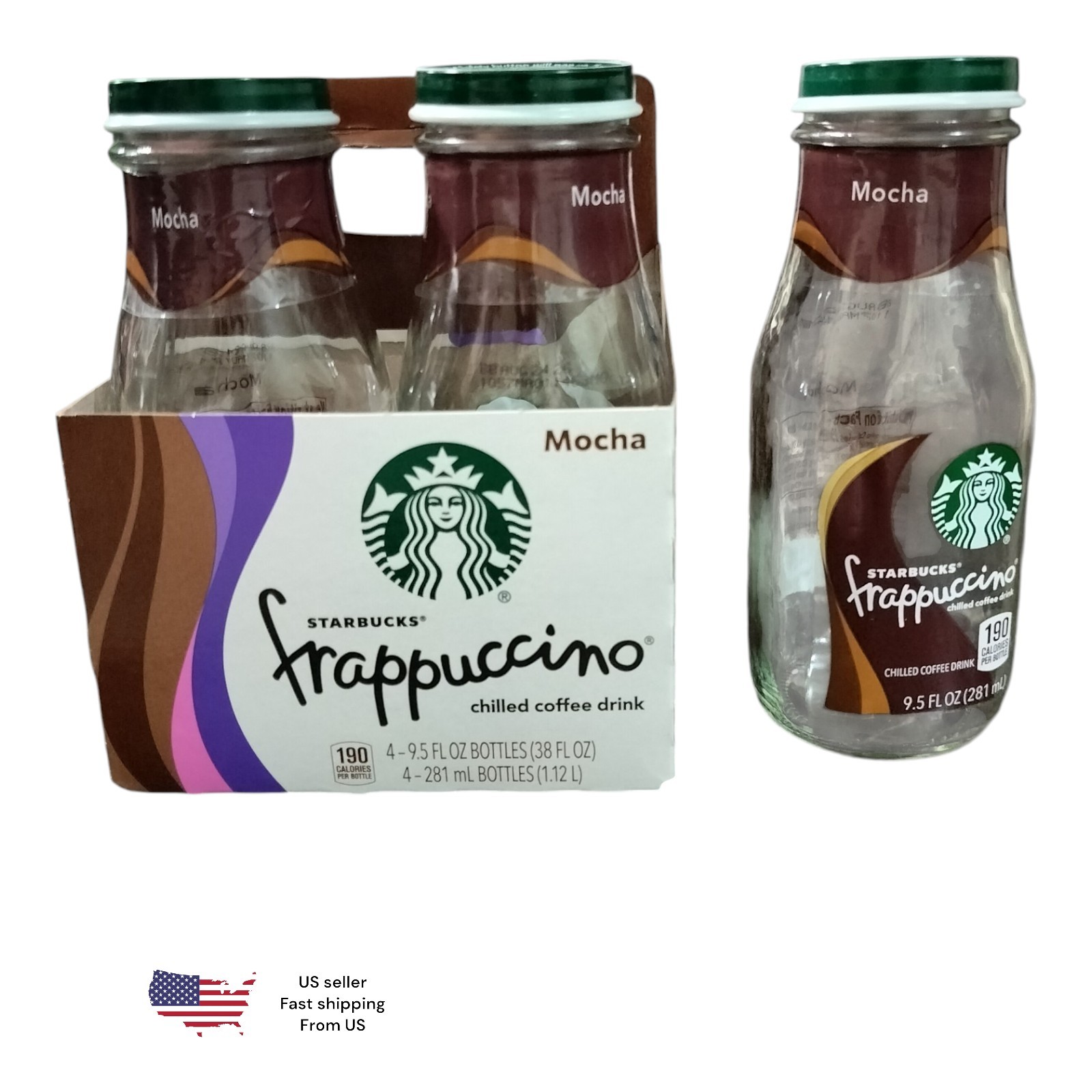 4 Starbucks Empty Clean Frappuccino Coffee Glass Bottles&Lids 9.5 oz Label Mocha