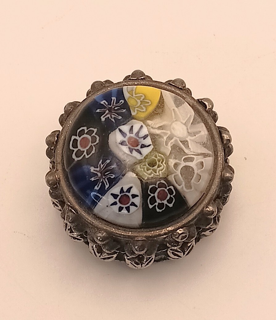 Vintage Murano Millefiori Glass Pill Box Ornate Silver Tone Trinket Case Italy