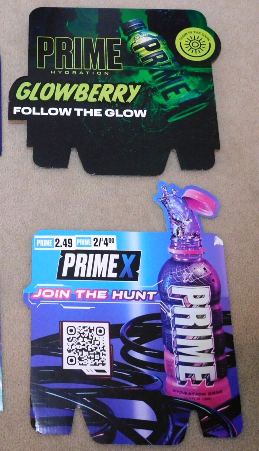 Lot of 2 PRIME Energy Drink Glowberry Prime X Cardboard Signs Advertising