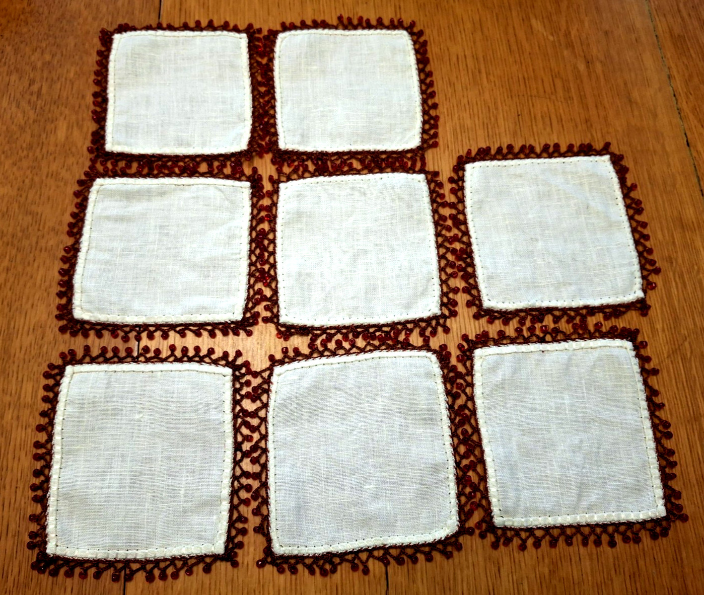 8 Ivory White Linen Crochet Red Edge With Red Beads 4″x4″