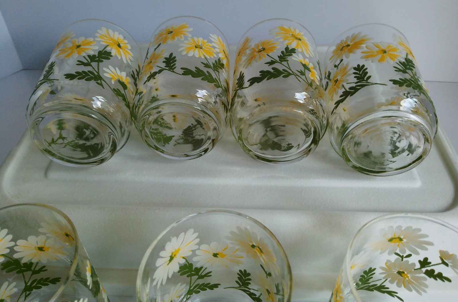 Set 7 Vintage Libbey Yellow & White Daisy Embossed Floral Tumbler Glasses 10 oz