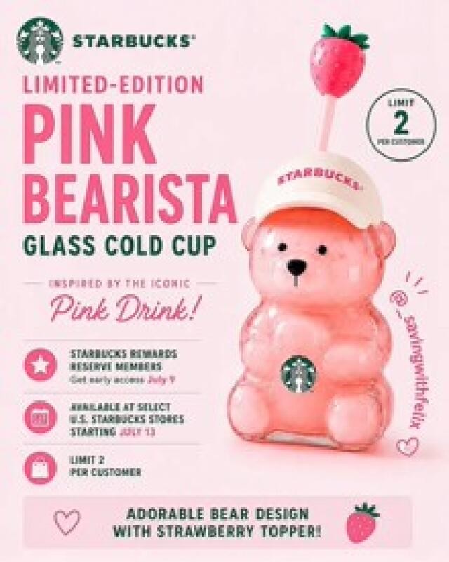 2026 HOT Starbucks Bearista Bear Cup Tumblers Strawberry Topper Baseball cap
