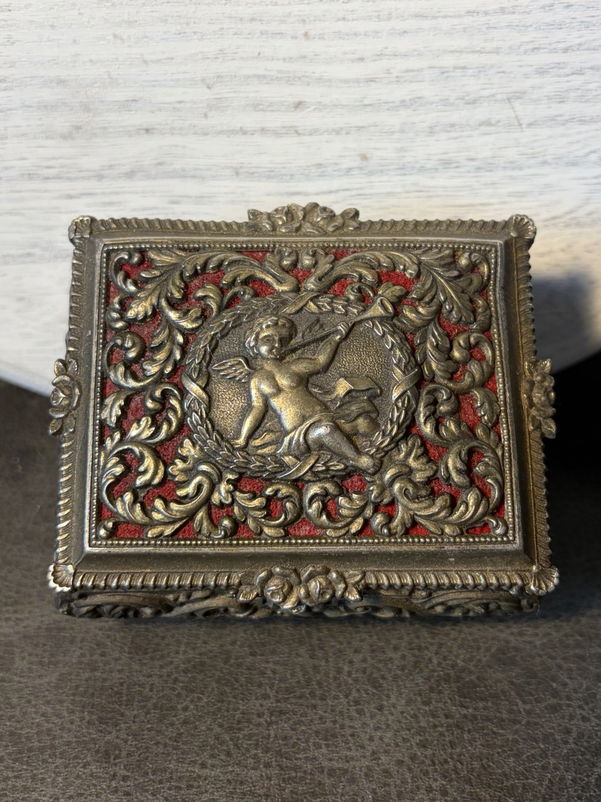 Antique Silver Plated Victorian Style Cherub Trinket Box Red Lined Jewelry Box