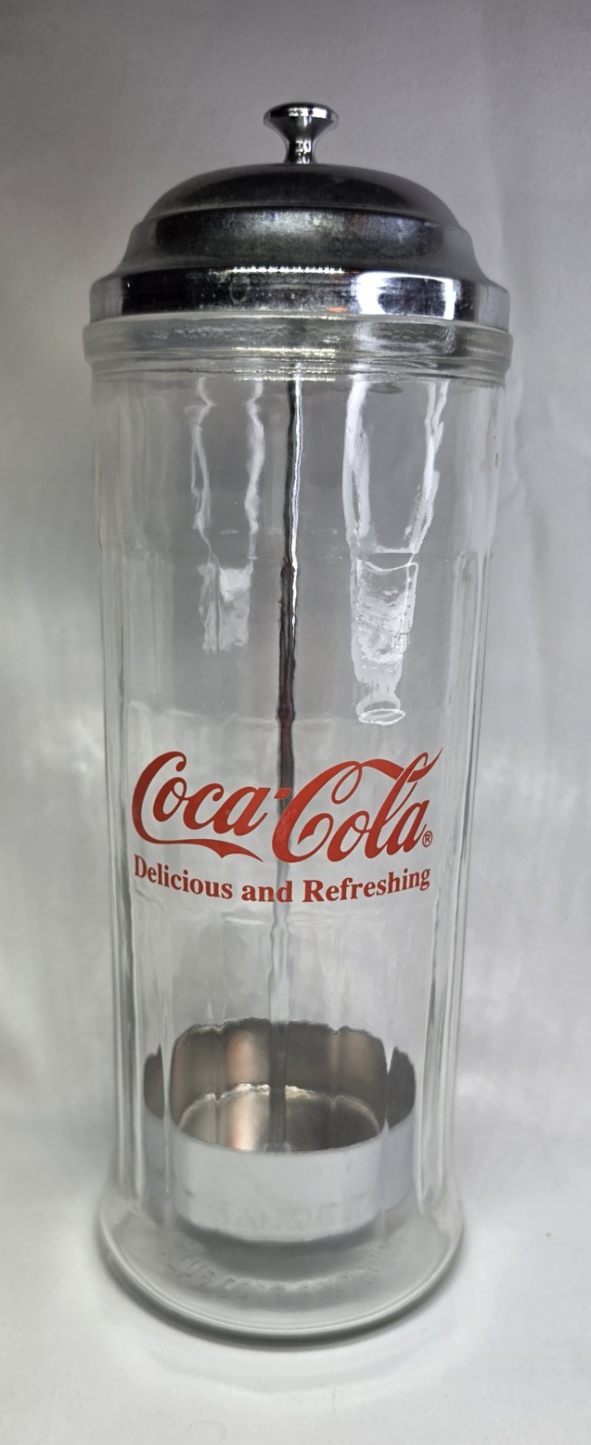Coca-Cola Heavy Glass Straw Holder Dispenser Chrome Lid 1992 Coke diner 11 Inch