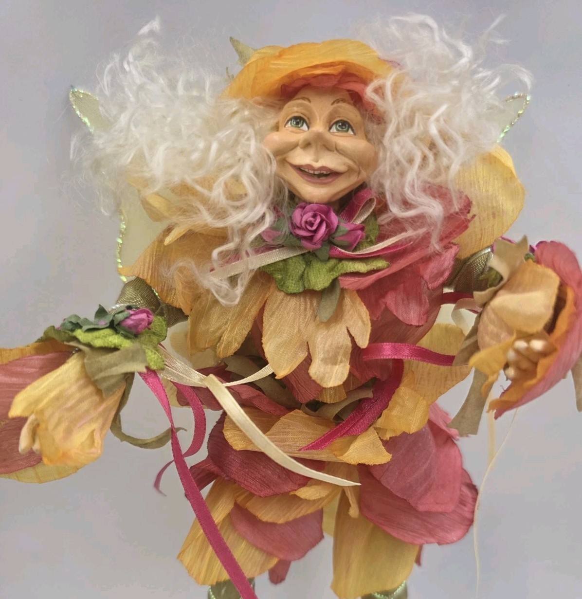 VTG Poseable Floral Elf Fairy Doll Arms Legs Fabric Flowers Spring Fantasy Decor