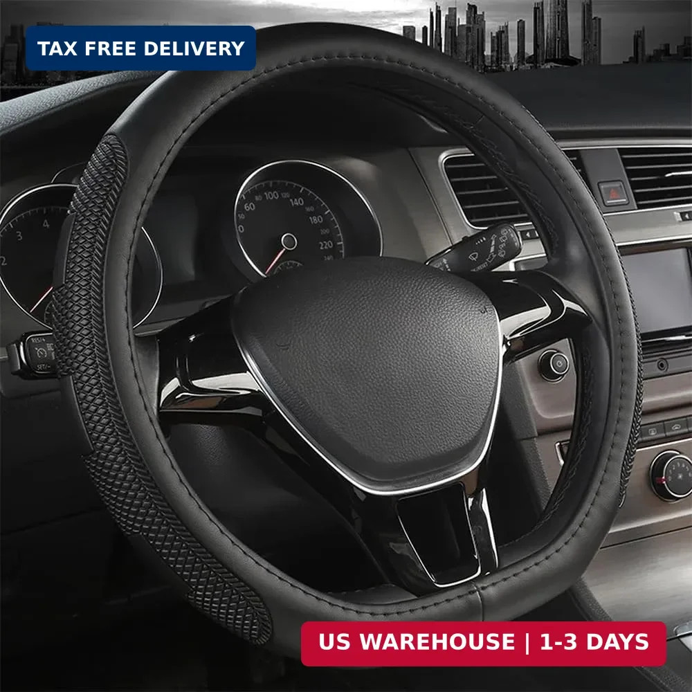 D Shape Steering Wheel Cover,Universal 14.5-15 Inch Car Black Leather Steering W