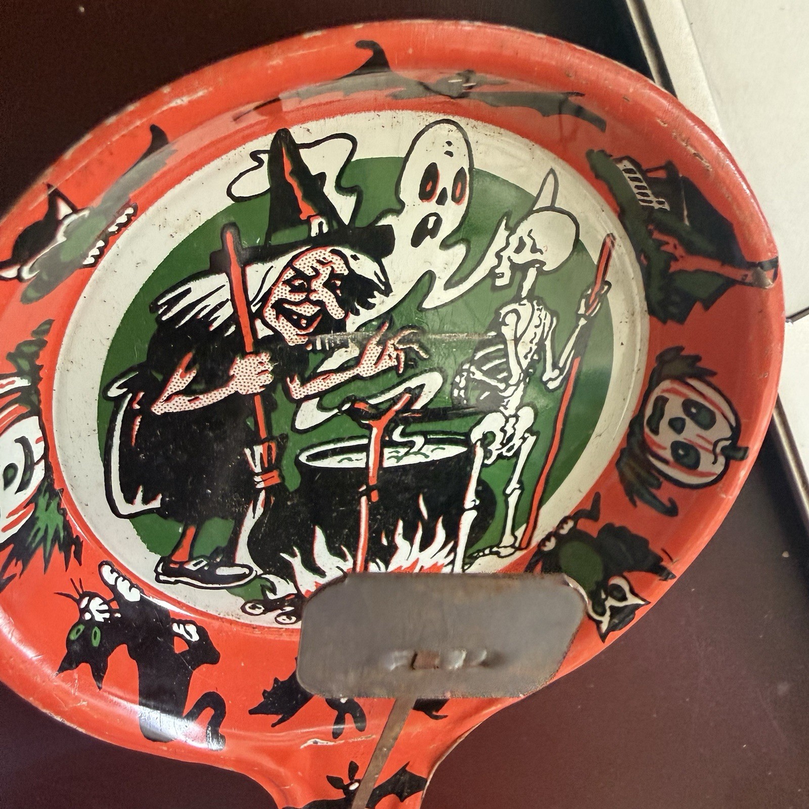 US Metal Toy Mfg Co Tin Halloween Noisemaker Witch Black Cat Skeleton Ghost Owl