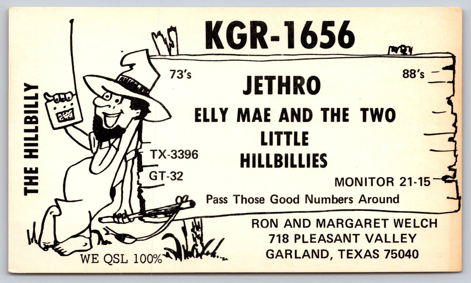 Vintage KGR-1656 CB Radio QSL Postcard – Jethro Hillbillies Garland TX 1970 F391