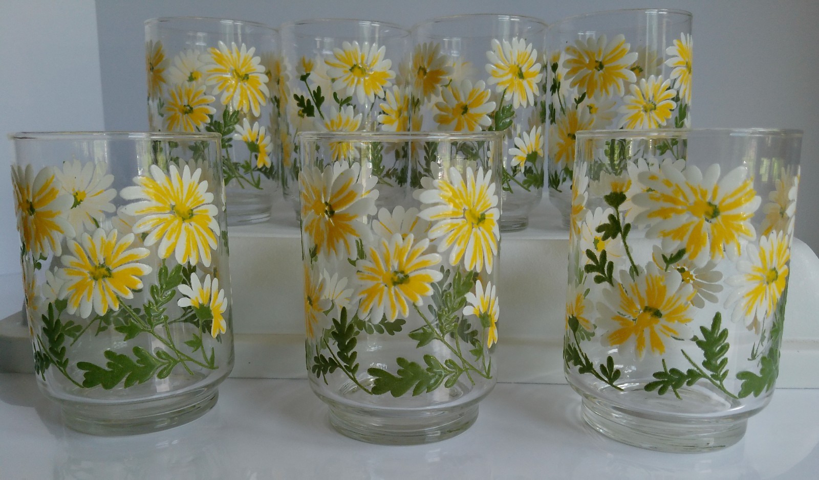 Set 7 Vintage Libbey Yellow & White Daisy Embossed Floral Tumbler Glasses 10 oz
