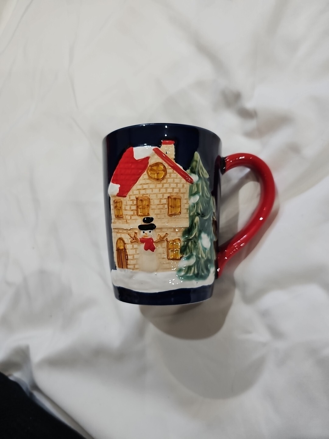 Winter Christmas Coffee Mug Blue with Red Handle and Snowman Stands 4 Inches