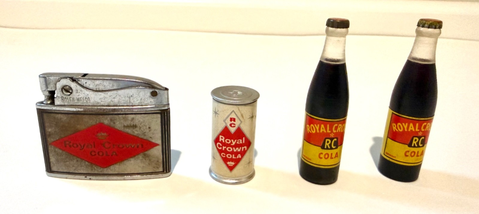 RARE VINTAGE ROYAL CROWN COLA LIGHTERS LOT OF 4 – CAN-BOTTLE-ROSEN NESOR – RC
