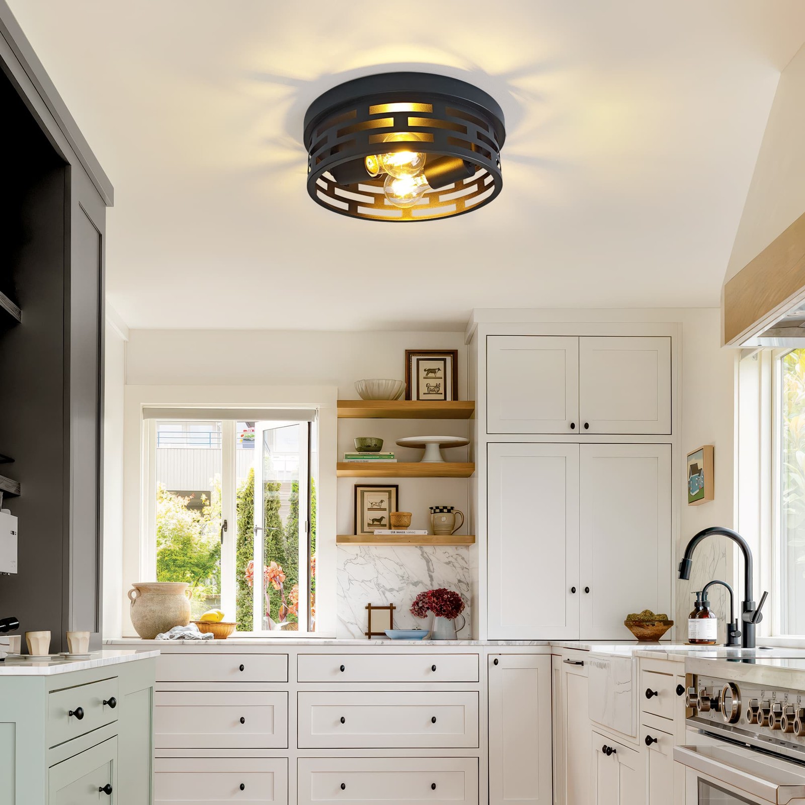 2-Pack 10.2″ Industrial Flush Mount Ceiling Light 2-Light Black Ceiling Fixture